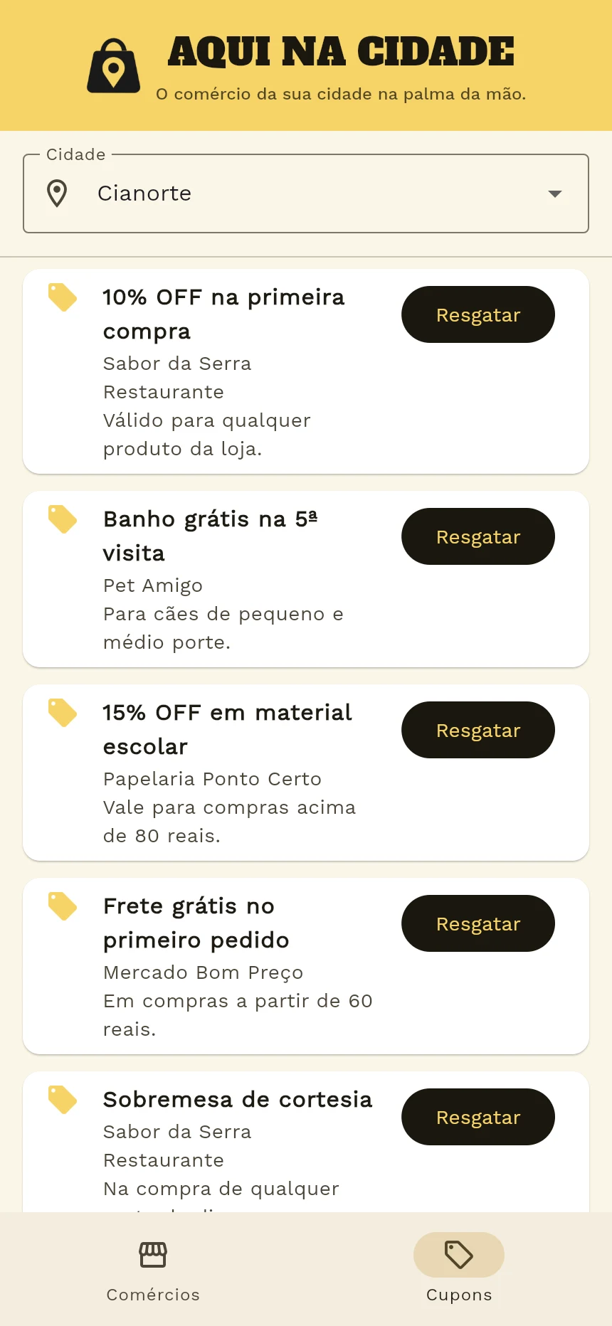Tela do app com cupons de lojas da cidade