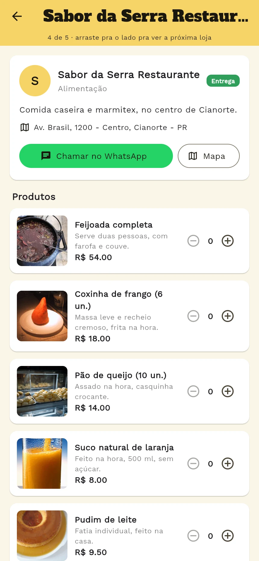 Tela do app com as informações da loja e a lista de produtos com foto, descrição e preço